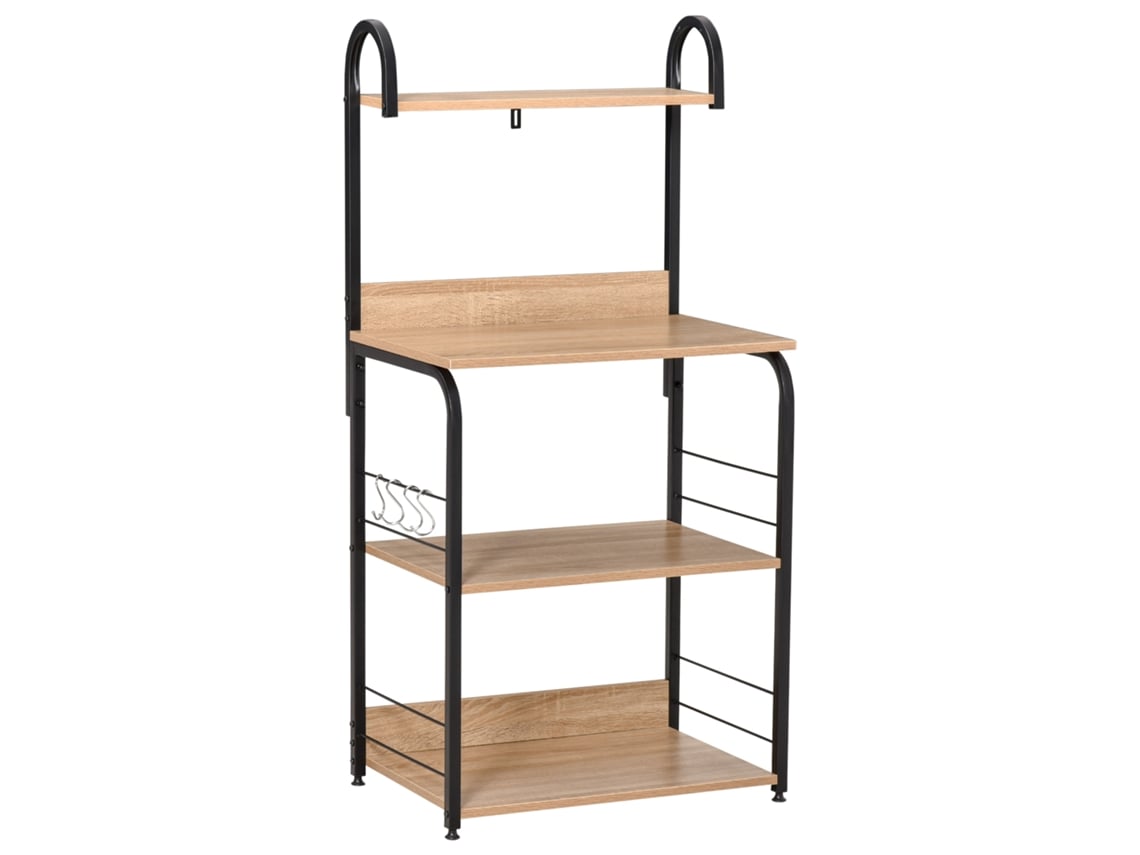 Mueble de cocina con microondas, 4 estantes, 4 ganchos, acero y madera, 125 cm
