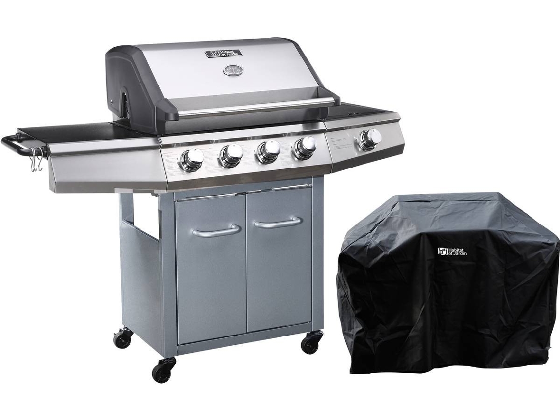 Parrilla de gas con LED "Bingo 5" - 5 quemadores, incluyendo 1 quemador lateral - 15,2 kW + Cubierta protectora - Plateada