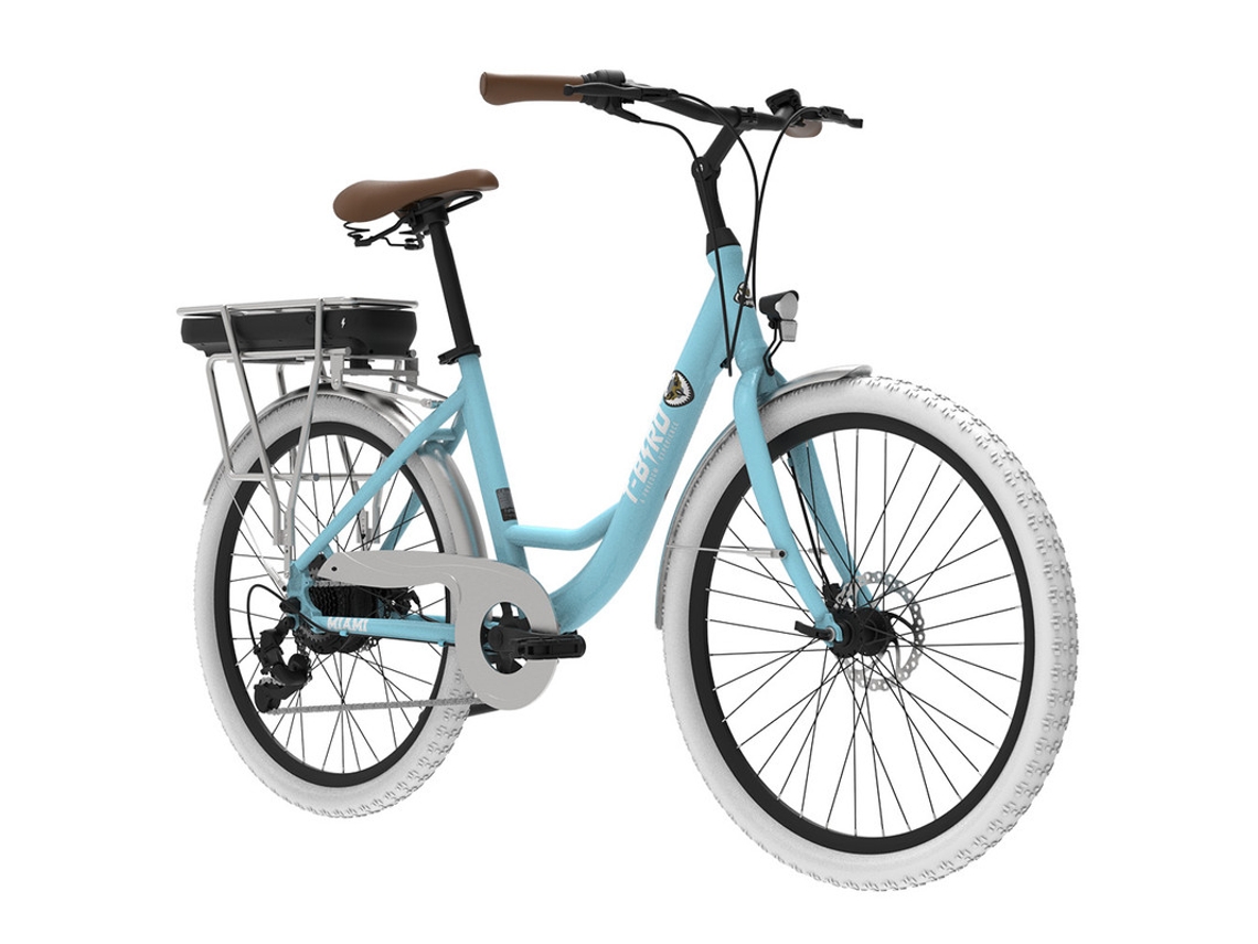 Bicicleta eléctrica Miami-26, 250 W, 36 V, 14,4 Ah, ruedas de 26", autonomía de 45 km, frenos de disco mecánicos Shimano de 7 velocidades, bicicleta eléctrica urbana, color azul.
