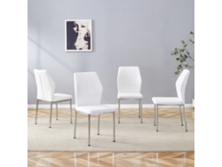 Juego De 4 Sillas De Comedor, De Piel Sintética Blanca, Con Relieve Vertical Y Patas Plateadas.