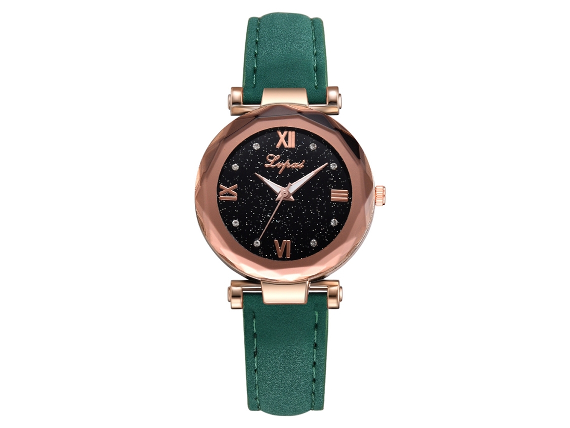 Reloj De Pulsera Lvpai Para Mujer Con Movimiento De Cuarzo Y Piedras Preciosas, Correa De Piel Sintética Verde.
