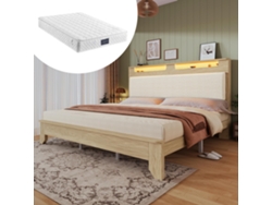 Cama Matrimonial 160x200 Cm Cabecera Con Almacenamiento, Iluminación Led, Tejido Canalé Beige, Estructura De Madera, Roble Claro Estilo