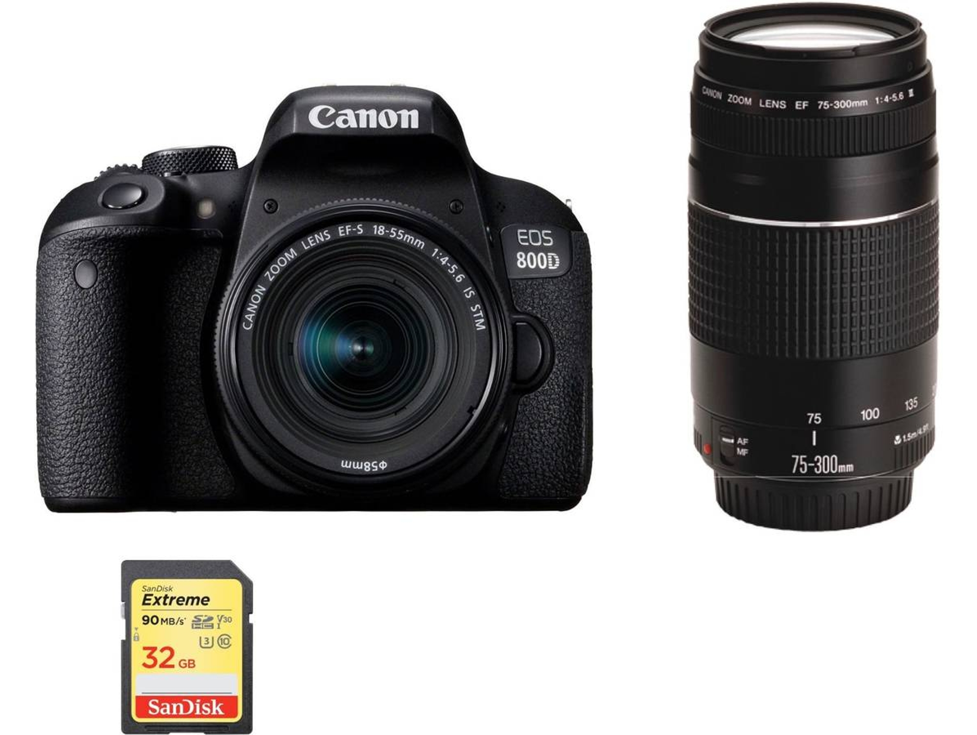 Kit Cámara Réflex CANON EOS 800D EF-S 18-55mm F4-5.6 IS STM + EF 75-300mm F4-5.6 III + SD de 32G