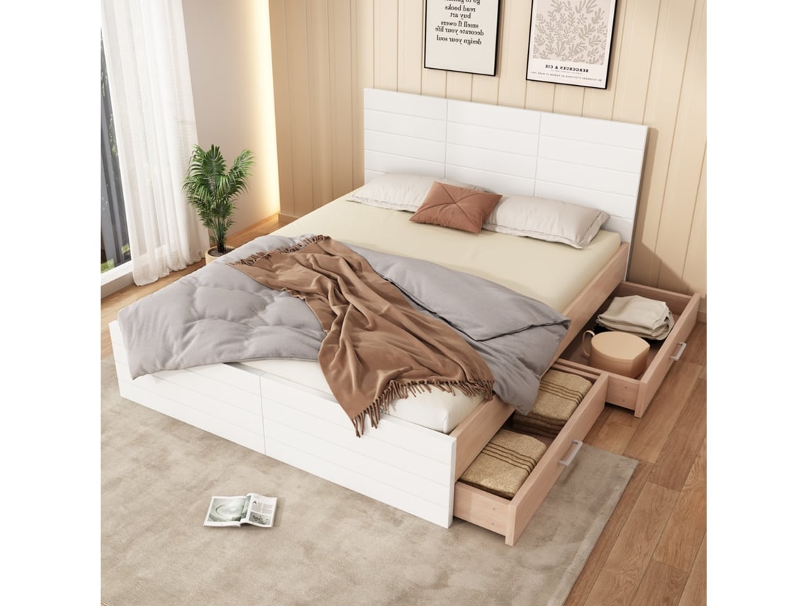 Cama De Madera De 180x200 Con Cajones, Roble Blanco.