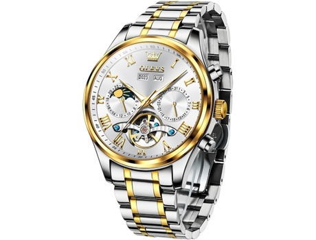 VEANXIN Reloj Tourbillon con Diamantes y Fase Lunar Luminoso Resistente al Agua de Acero Inoxidable Hueco automático para Hombres(esfera blanca)