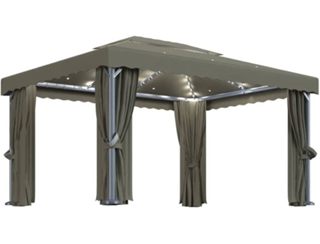 vidaXL Cenador con cortina y tira de luces LED aluminio taupé 4x3 m