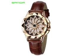 Reloj Analógico De Cuarzo Para Mujer Con Correa De Cuero Marrón Y Piedras Brillantes Con Forma Floral.