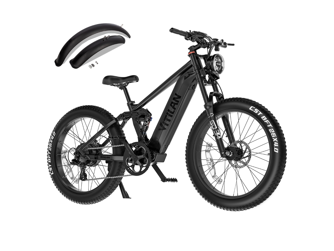 Bicicleta de montaña eléctrica de suspensión completa Vitilan T7 Pro, neumáticos de 26 pulgadas de ancho, batería extraíble de 52 V y 20 Ah, suspensión completa
