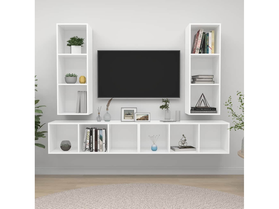 Soporte de TV de pared de 4 piezas | Mueble para TV | Mueble para TV de madera contrachapada blanca