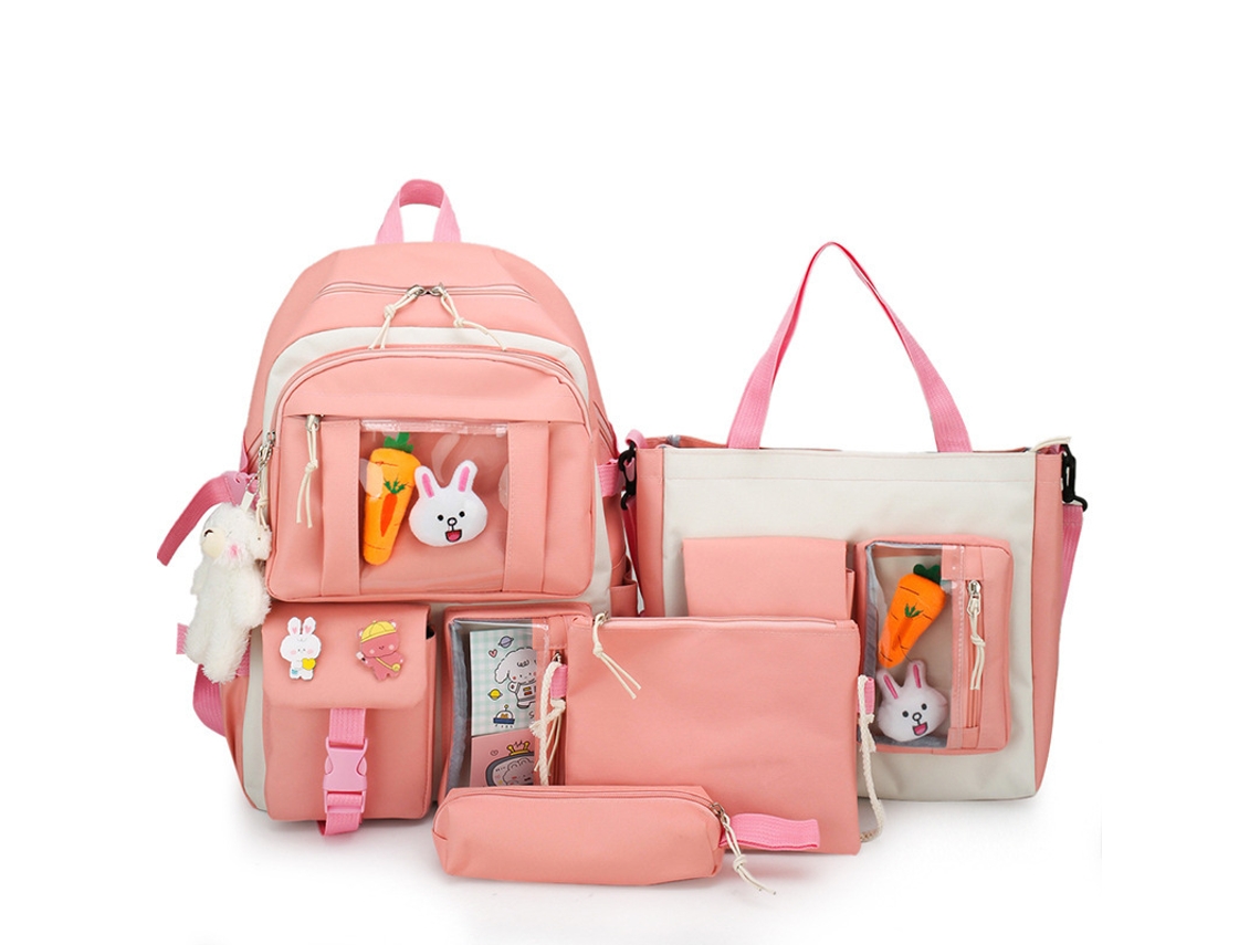 Bonito juego de mochila, cuatro piezas, 43 cm, con colgante. Rosa Hexinyigjly