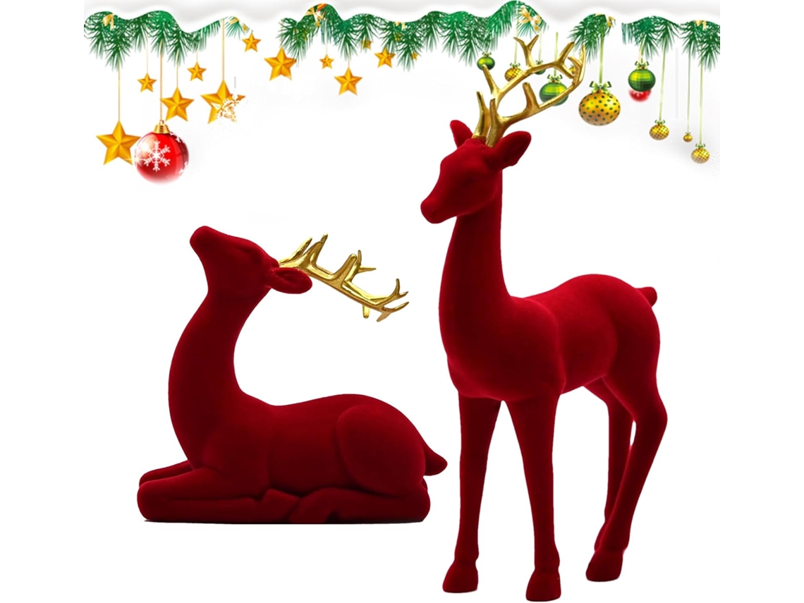 Figuras para 2 adornos navideños, escultura de ciervo de pie, verde y rojo, para mesilla de noche o cocina, L Slowmoose