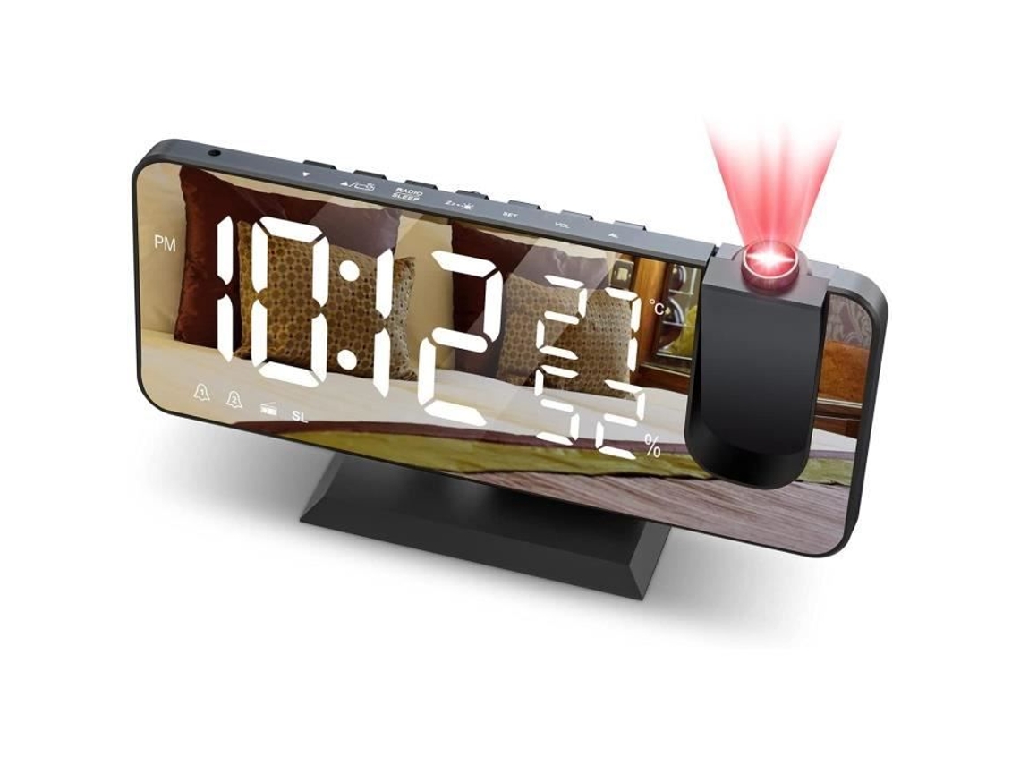 Reloj Despertador Digital, Proyector de Techo, Radio FM, Despertador, Proyección de 180°, Reloj Digital con Pantalla de Espejo de 7 LED, Puerto de Carga