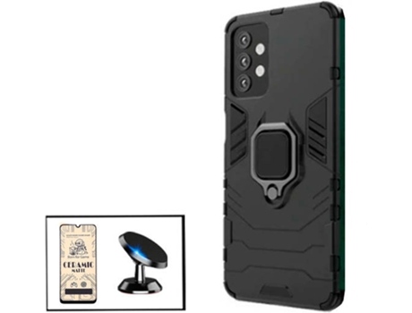 Kit Cristal Templado CeramicGlass Full Cover, Funda 3x1 Miltary Defender y Soporte Magnético de Coche Samsung Galaxy M32 5G PHONECARE Negro