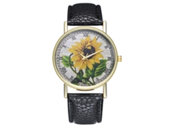 Reloj De Pulsera Unisex Con Estampado De Girasoles, Números Romanos Y Correa De Piel Sintética Negra.