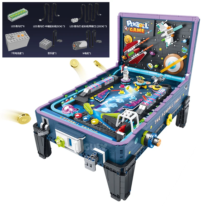 Juguete creativo para armar: Modelo de mesa de pinball con bloques de construcción.
