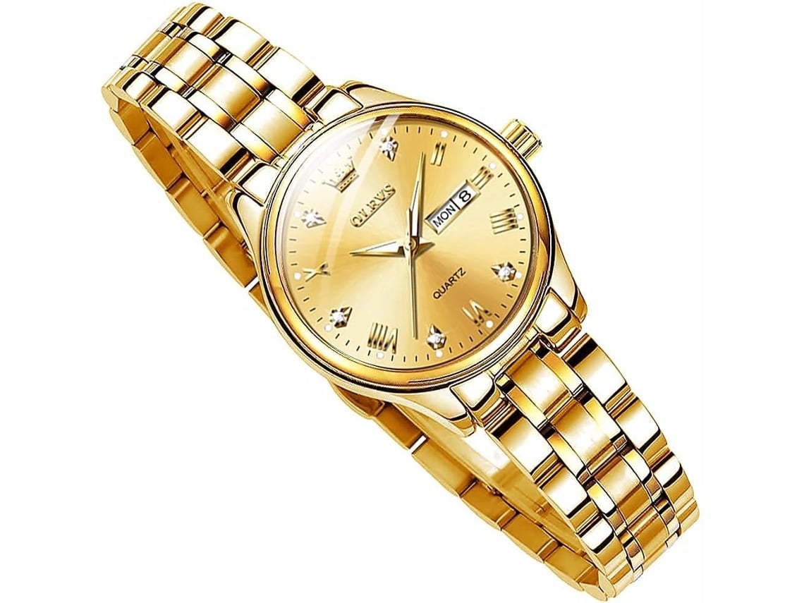 Reloj De Cuarzo De Cuero Multifuncional Femenino Cronógrafo Luminoso Impermeable De Acero Dorado Esfera Doradayuysan