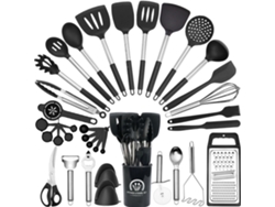 Juego de utensilios de cocina de silicona antiadherente de 35 piezas con soporte Digitallab (negro)
