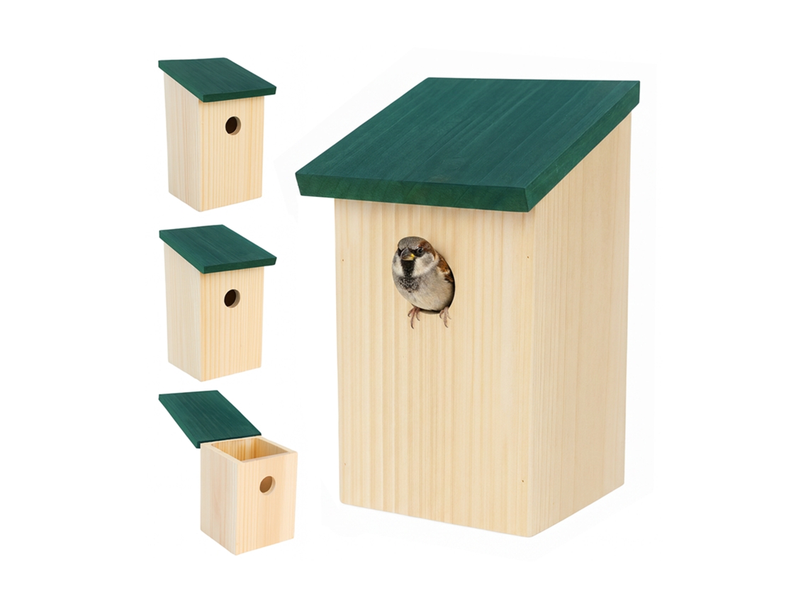 Relaxdays Caja Nido Set De 4 Para Gorriones Y Carboneros, Entrada 32 Mm, Techo Abatible, Colgante, Natural/verde