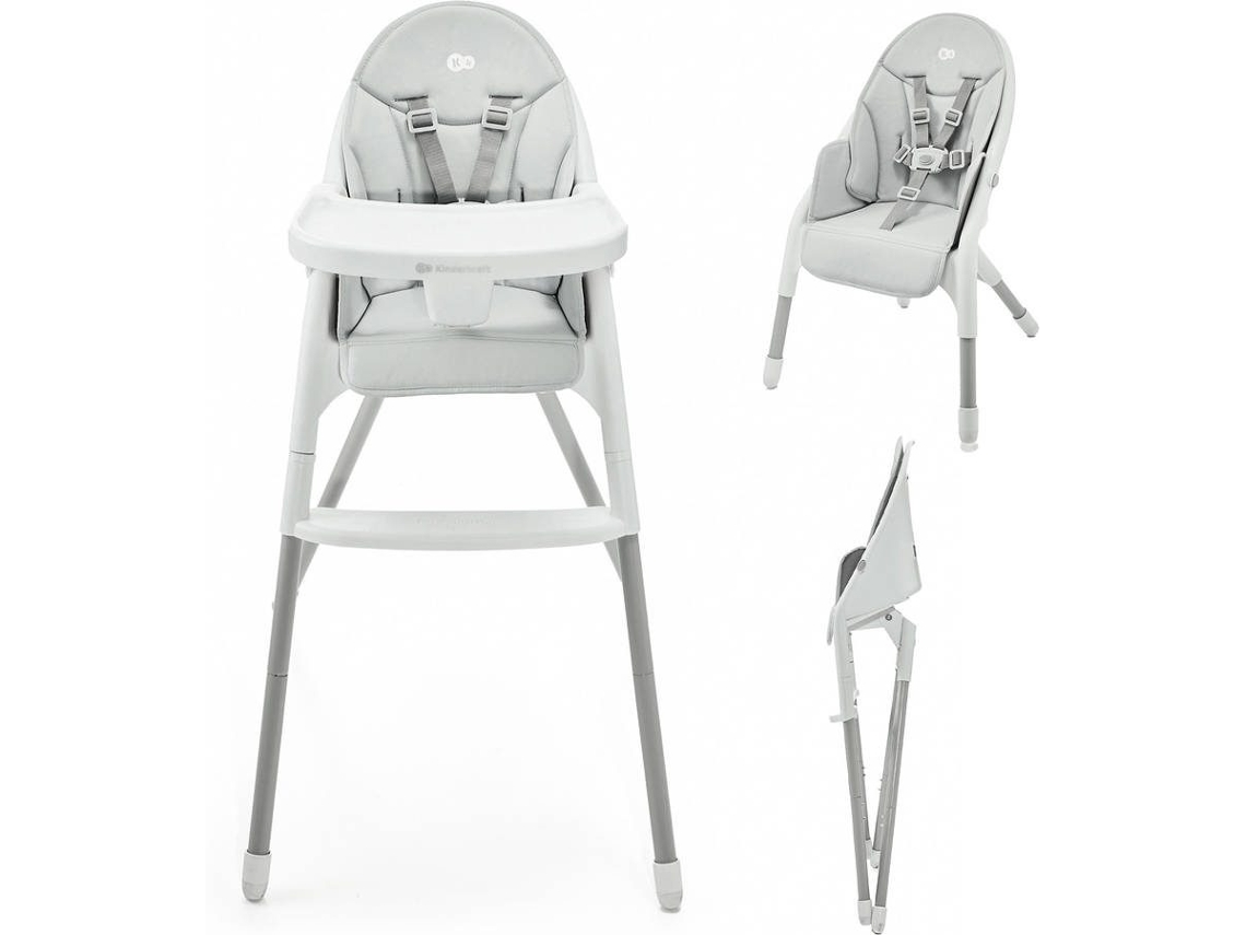 Trona Kinderkraft DINNLY plegable con reposapiés, arnés de 5 puntos y asiento impermeable Blanco/Gris