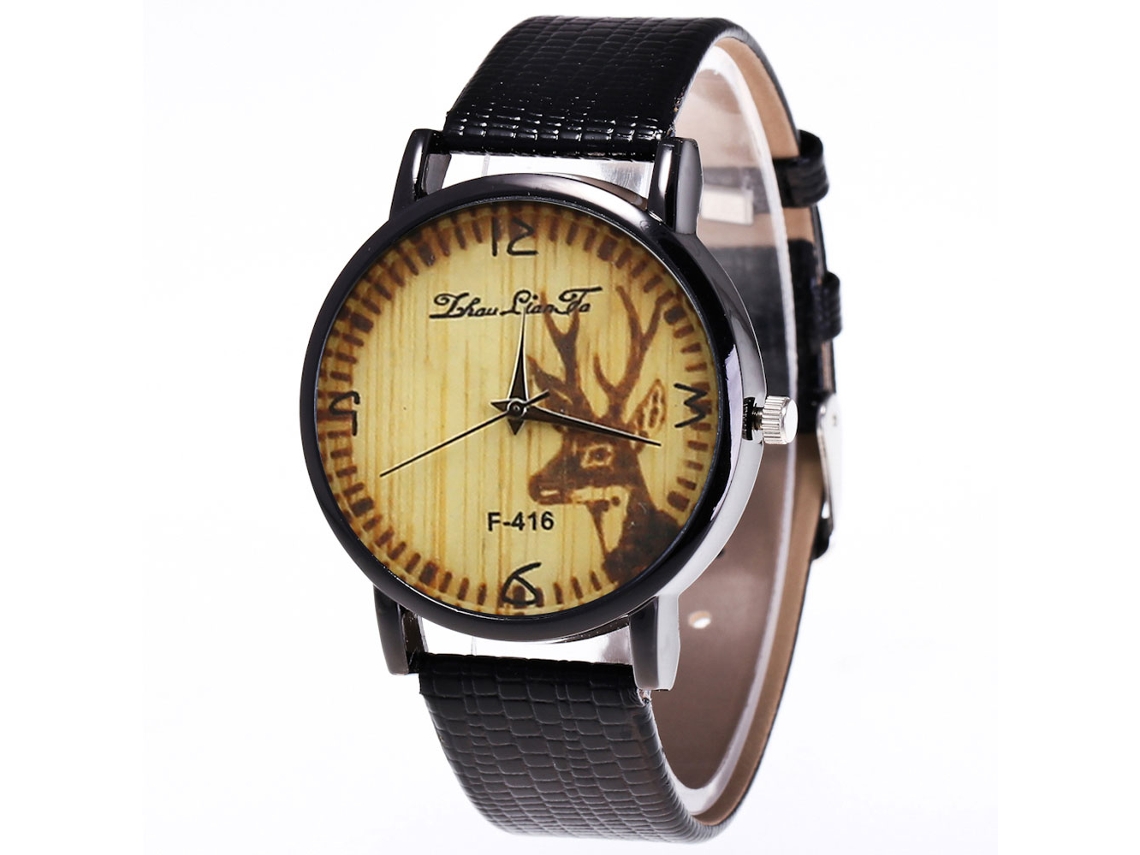 Reloj De Cuarzo Unisex Con Correa De Cuero Pu Dial Redondo Patrón De Elco Negro