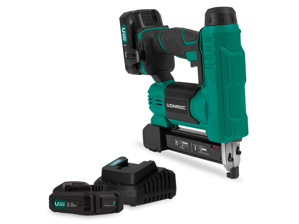 Grapadora/clavadora de 20 V con dos baterías de 2 Ah y cargador rápido Vonroc