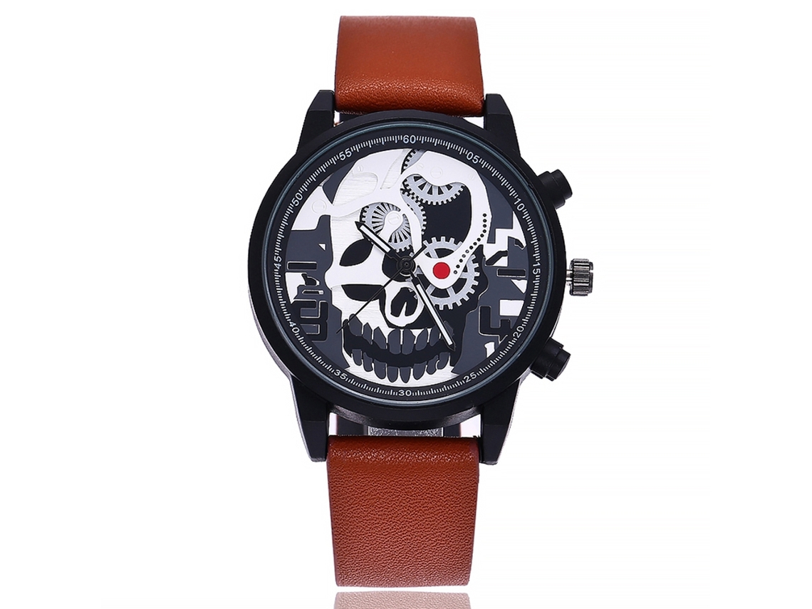 Reloj De Pulsera De Cuarzo Para Hombre Vansvar Con Diseño De Calavera Y Engranaje, Correa De Pu Marrón Claro.