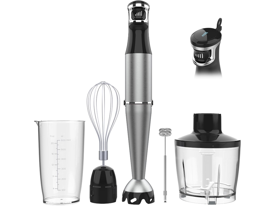 Batidora de inmersión portátil con cable, 1100 W, gatillo de velocidad variable, 5 en 1: emulsionador, picador y espumador para sopas, papillas para bebés y mucho más.
