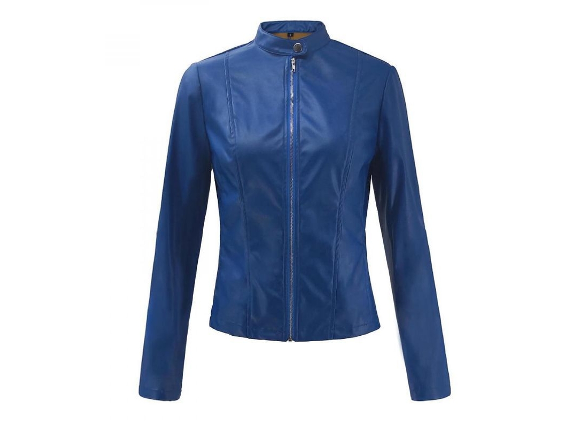 Chaqueta de piel sintética Rebe-Vintage para mujer, ideal para otoño, con cuello alto, cierre de cremallera, corte ajustado, mangas largas, perfecta para motoristas, talla L, color azul.