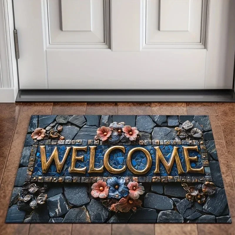(estilo 3 40x60cm) Felpudo Retro Azul Impreso En 3d, Antideslizante Y Lavable.