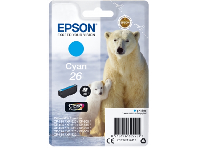Cartucho de tinta original EPSON, 26, Oso polar 4,5 ml , Cian, C13T26124012, T2612