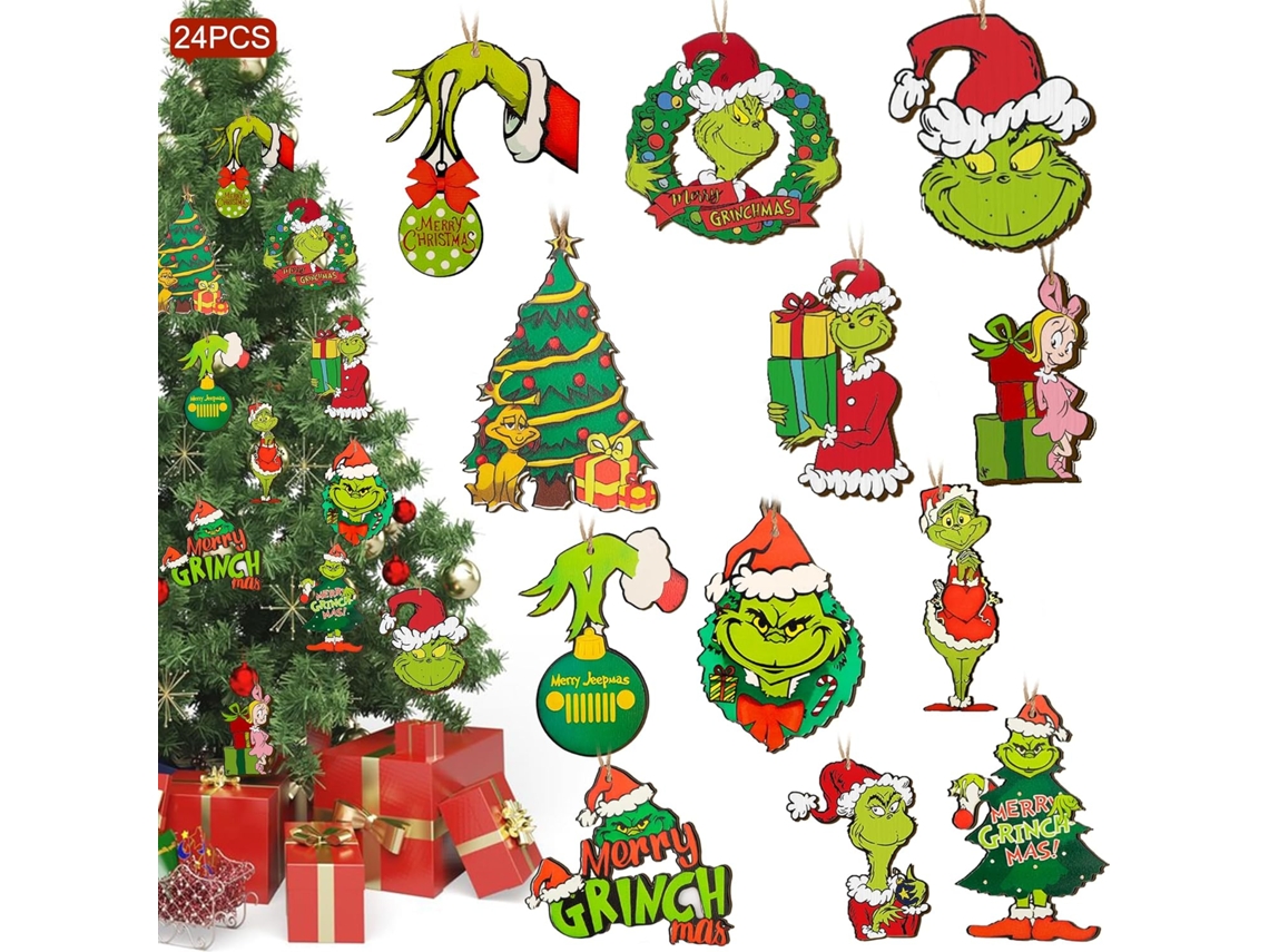 24 adornos navideños del Grinch para el árbol de Navidad: decoraciones navideñas colgantes de madera para el árbol de Navidad y fiestas en casa.