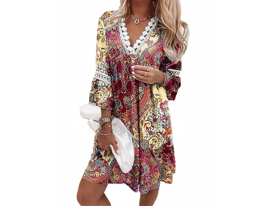 2026-vestido Mini Boho De Manga 3/4 Con Cuello V Para Verano Vacaciones Playa Suelto