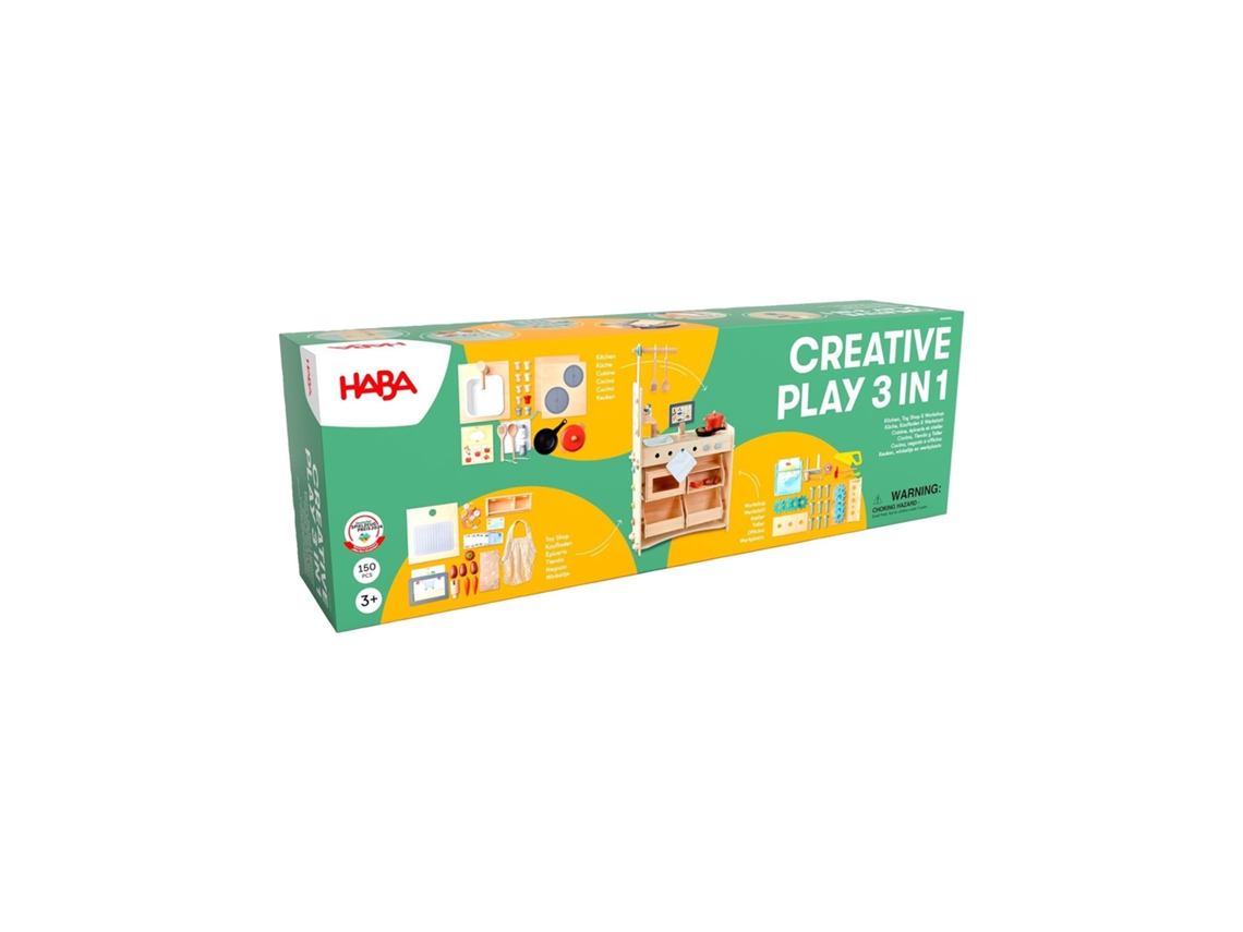 Juego de juguetes de madera 3 en 1 de Haba: cocina, tienda y taller