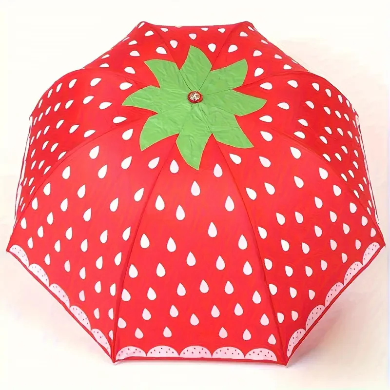 Paraguas Plegable Portátil Con Bonito Estampado De Fresas, Paraguas De Viaje Impermeable De Alta Densidad.