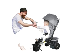 Triciclo infantil de tres ruedas, fabricado en metal, de diseño, color gris.
