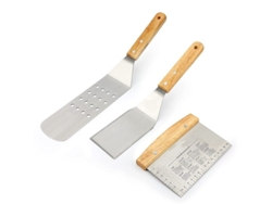 Juego De Utensilios Para Plancha Y Barbacoa - 3 Piezas De Acero Inoxidable: Espátulas Y Raspador Con Mango De Madera.
