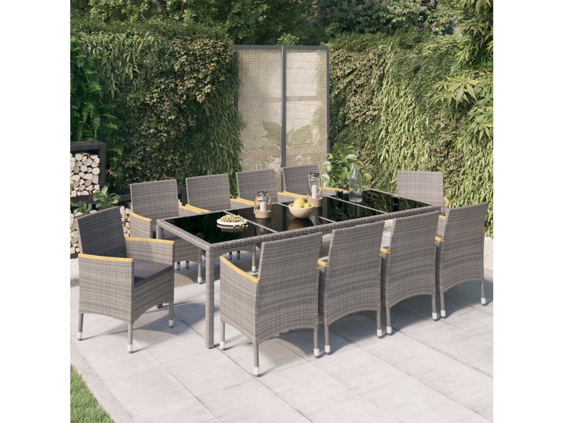 11 unidades Conjunto. Jantar Exterior C/Almofadões Vime Pe Preto/Cinza Dkd Home Decor