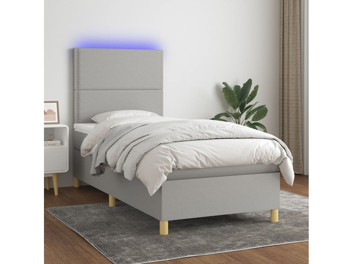 Cama Box Spring Colchón Y Luces Led Tela Gris Claro 90x190 Cm