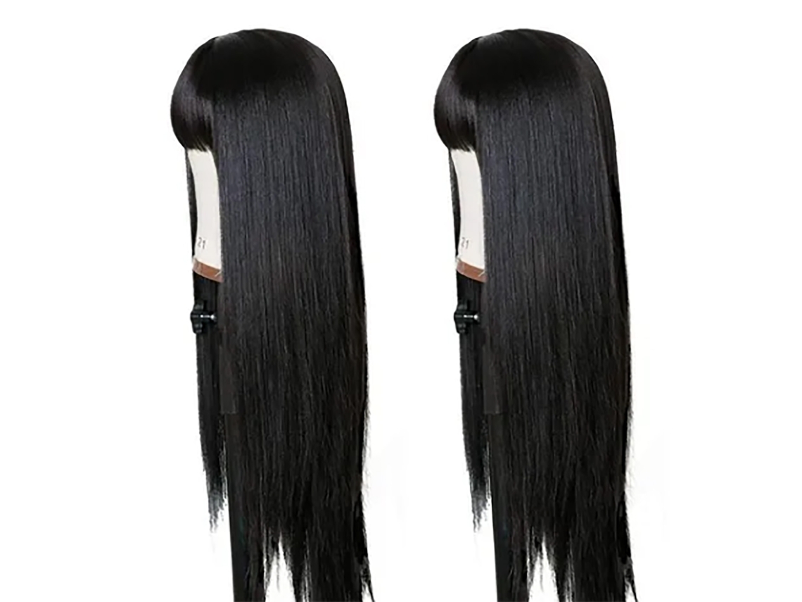 Peluca sintética larga, lisa y negra con flequillo para mujer, ajustable y resistente al calor (modelo 2026).