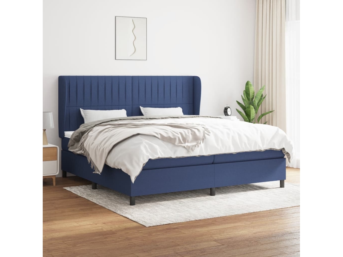 Cama Box Spring Con Colchón Tela Azul 200x200 Cm