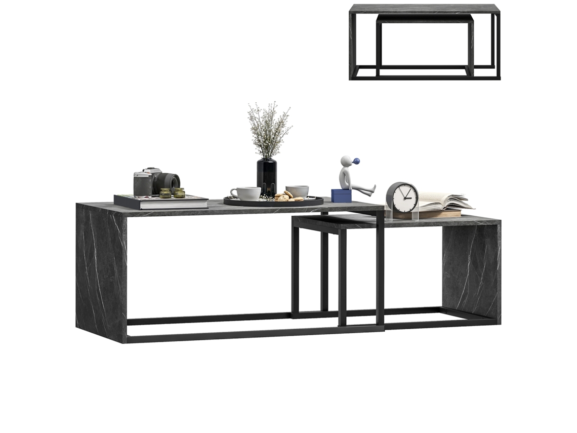 Conjunto De 2 Mesas De Centro Apilables De Diseño Industrial, Fabricadas En Metal Negro Y Efecto Mármol Gris Oscuro.