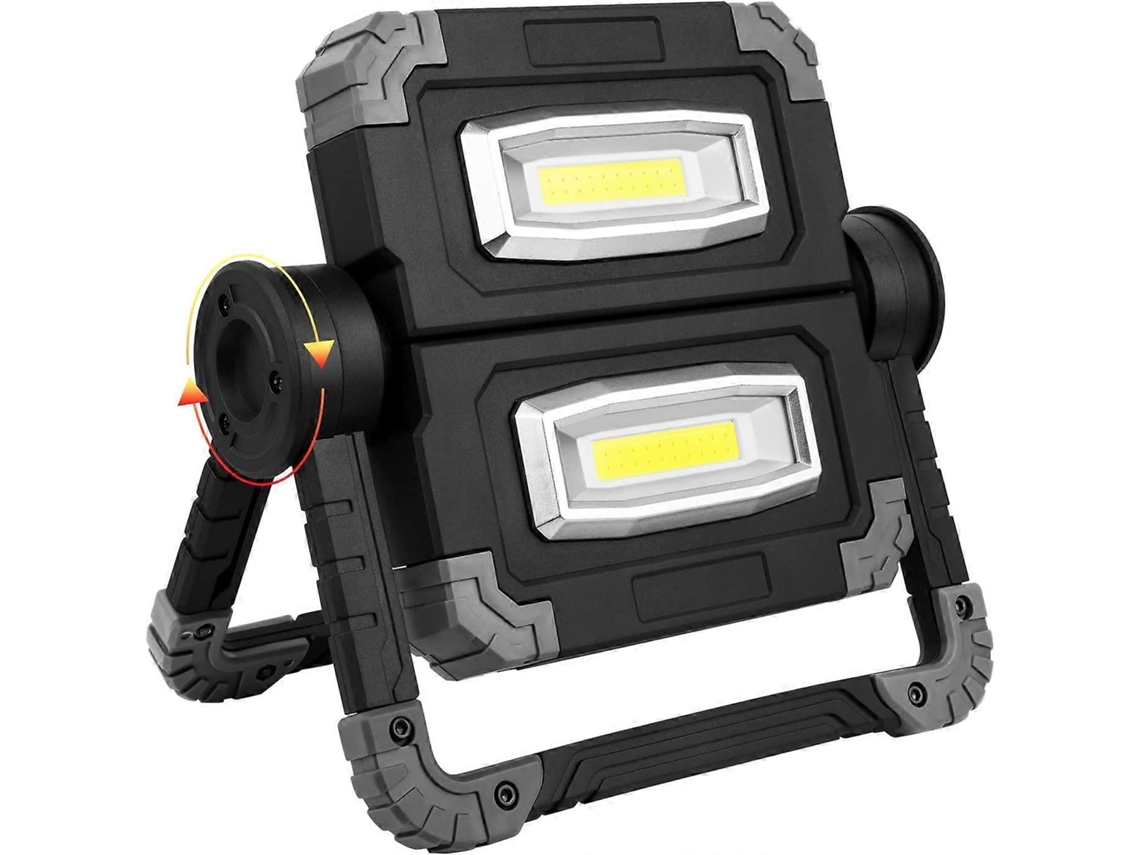Linterna de trabajo LED omnidireccional recargable, 2 faros COB, 3 modos, batería de 5000 mAh, plegable 360°, batería externa de 20 W para camping y reparaciones.