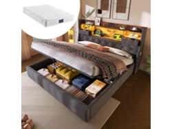 Cama Tapizada En Gris De 140x200 Cm, Compartimento De Almacenamiento Hidráulico, Iluminación Led, Somier De Láminas.