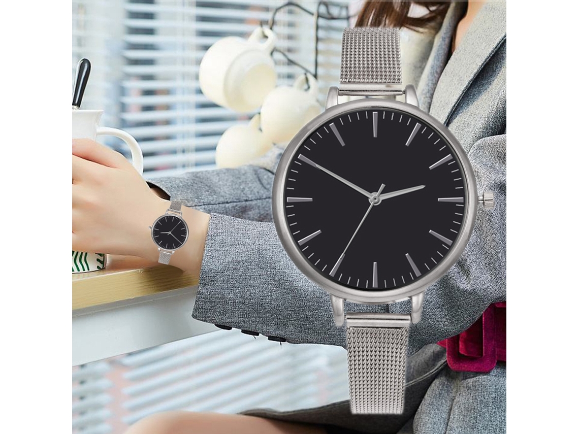 Reloj De Cuarzo Para Mujer Con Brazalete De Malla Fina Y Esfera Plateada Y Negra.