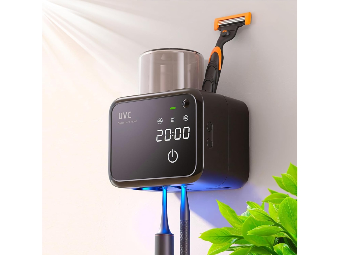 Soporte de pared para cepillos de dientes eléctricos con 3 modos, temporizador, 1 taza y 2 compartimentos, negro Aeuzwr