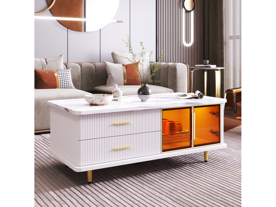 Mesa de centro escandinava con 2 cajones y 2 puertas, LED integrado, revestimiento con estampado de mármol blanco, estilo