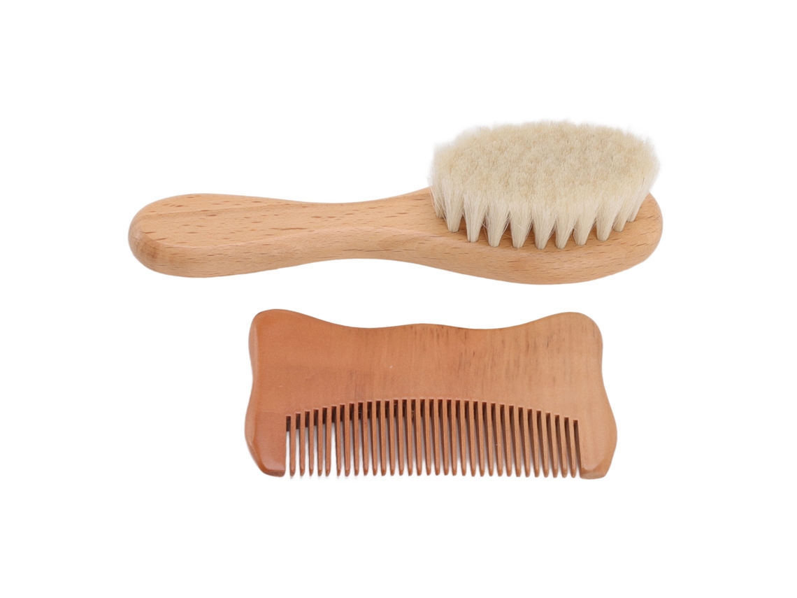 Juego de cepillo y peine de madera para recién nacidos con pelo de lana natural.