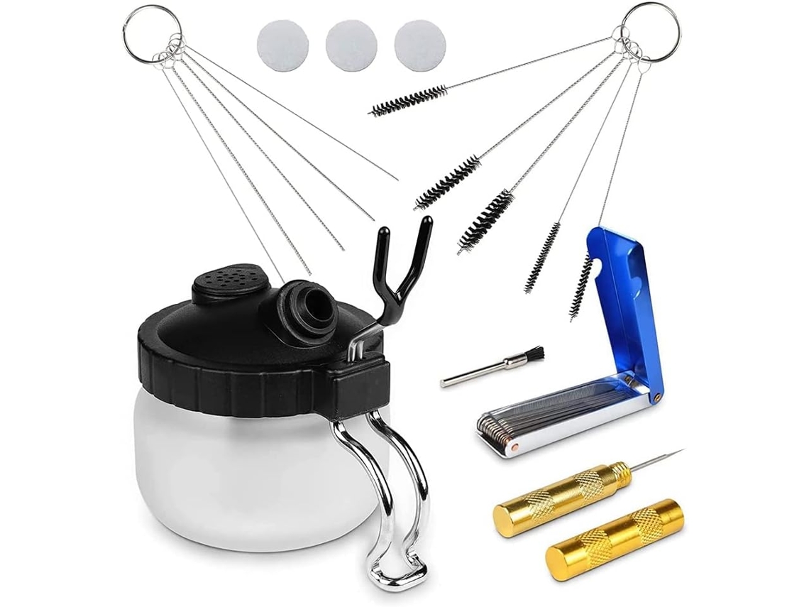 Kit De Limpieza Para Aerógrafo - 13 Piezas - Frasco De Vidrio Con Soporte - Cabezal De Mini Cepillo