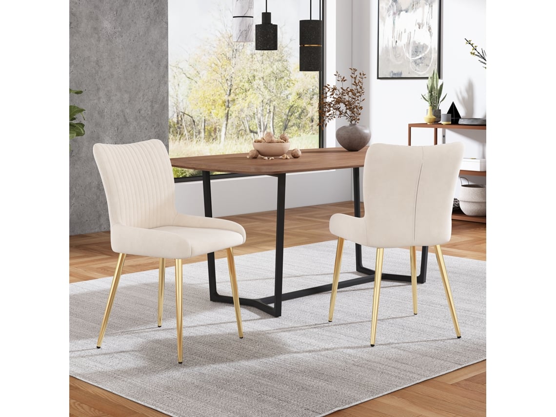 Silla De Comedor De Terciopelo, Juego De 2, Lujosa, Para Sala De Estar, Dormitorio, Sillón Con Cuatro Patas De Soporte De Metal Dorado, Soporte Lumbar, Beige