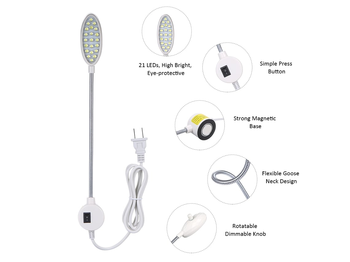 2026-luz Led Para Máquina De Coser Ac110-250v 1w 21leds, Regulable Con Mando Rotatorio, Cuello De Ganso Flexible, Base Fija, Fácil Instalación